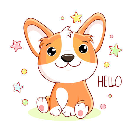 Cute card in kawaii style with lovely little corgi puppy. Inscription Hello. Can be used for t-shirt print, stickers, greeting card design. Vector illustration EPS8のイラスト素材