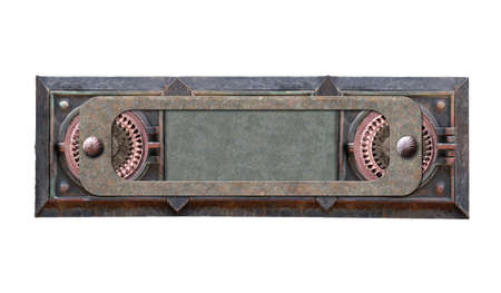 Metallic frame with vintage details. Horizontal retro banner. Isolated on white background. Mock up template. Copy space for text. Can be used for steampunk and mechanical designの写真素材