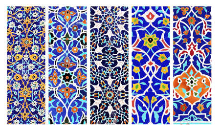 Set of vertical or horizontal banners with detail of ancient mosaic walls with floral and geometric ornaments. Collection of backgrounds with traditional iranian tile decorationsの写真素材