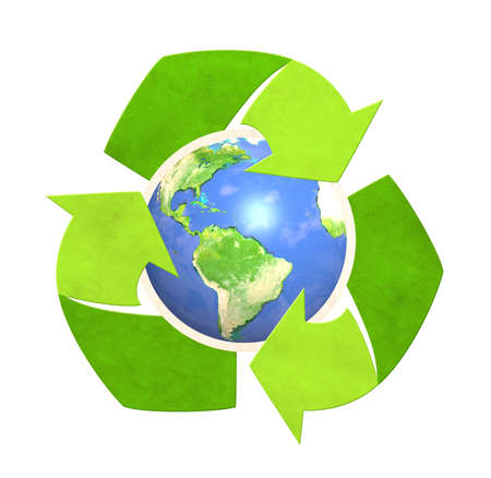 Earth and arrows recycle symbol from paper. Strategy approach to zero waste, responsible consumption. Eco-friendly concept. Isolated on white. 3d render. Elements of this image furnished by NASAの写真素材