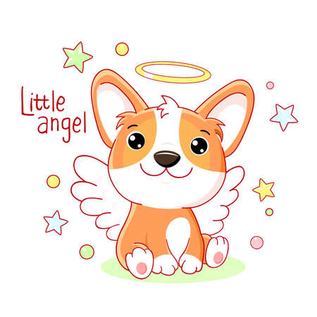 Cute card in kawaii style. Little corgi puppy with angel wings and halo. Happy dog with nimbus. Inscription Little angel. Vector illustration EPS8のイラスト素材