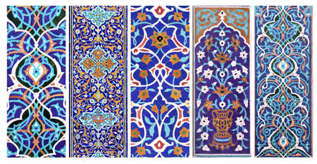 Set of vertical or horizontal banners with detail of ancient mosaic walls with floral and geometric ornaments. Collection of backgrounds with traditional iranian tile decorationsの写真素材