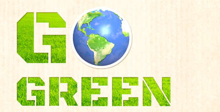 Ecology and zero waste concept. Earth planet and nature resource on cardboard texture. Horizontal banner with eco paper texture. Go green. Global ecological resource. Copy space for text. 3d renderの写真素材