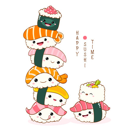 Stack of cute sushi and rolls in kawaii style with smiling faces. Japanese traditional cuisine dishes. Can be used for t-shirt print, sticker, greeting card, menu design. Vector illustration EPS8のイラスト素材