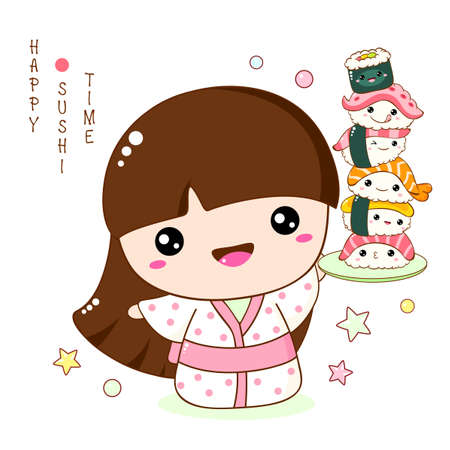 Cute smiling little girl with stack of kawaii sushi and rolls. Japanese traditional cuisine dishes. Can be used for t-shirt print, sticker, greeting card, menu design. Vector illustration EPS8のイラスト素材