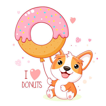 Cute card in kawaii style with little corgi puppy. Lovely dog with donut-shaped balloon. Inscription I love donuts. Can be used for t-shirt print, stickers, greeting card design. Vector EPS8のイラスト素材