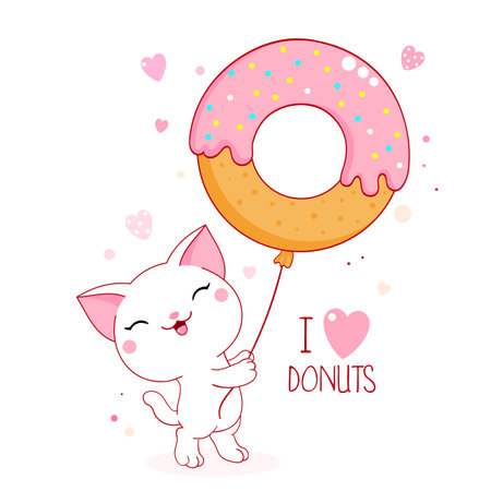 Cute baby card with cat in kawaii style. Lovely kitty with donut-shaped balloon. Inscription I love donuts. Can be used for t-shirt print, stickers, greeting card design. Vector illustration EPS8のイラスト素材