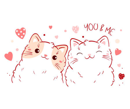 Cute Valentine card in kawaii style. Two lovely little cats. Inscription You &amp; Me. Can be used for t-shirt print, stickers, greeting card design. Vector illustration EPS8のイラスト素材