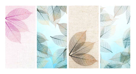 Set of vertical or horizontal vintage nature banners with autumn leaves. Collection of fall banners with yellow and red leaf and retro canvas texture. Copy space for textの写真素材