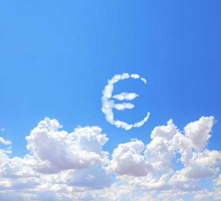 Money making. Euro sign in the clouds. Cloud shaped as european currency symbol. Euro symbol made of cloud. Business, development and prosperity conceptの写真素材