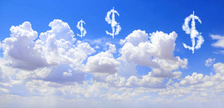 Money making. US dollar signs in the clouds. Clouds shaped as USA dollar currency symbols. Dollar symbol made of cloud. Business, development and prosperity conceptの写真素材