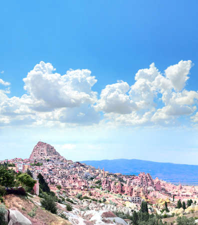 Carved houses in rock in Pigeon Valley, Uchisar, Cappadocia, Turkeyの写真素材
