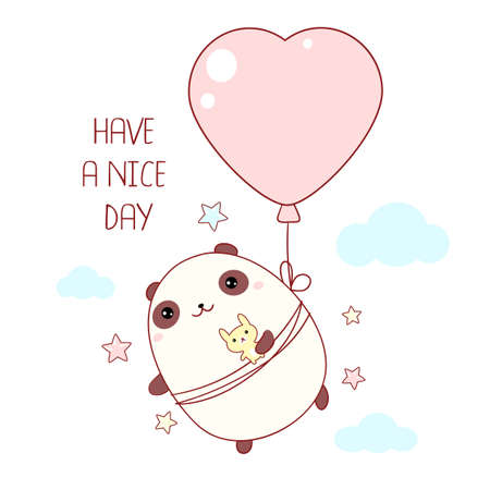 Happy fat panda with bunny toy having fun flying up with heart-shaped air balloon. Kawaii cartoon baby panda. Inscription Have a nice day. Freedom and happy childhood concept. Vector illustration EPS8のイラスト素材