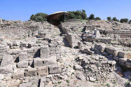Ruins of stone buildings in ancient Troy city, Canakkale Province, Turkey.の写真素材
