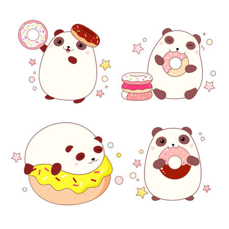 Set of cute little pandas with donuts. Collection of lovely fat pandas with sweet bakery. Vector illustration EPS8のイラスト素材
