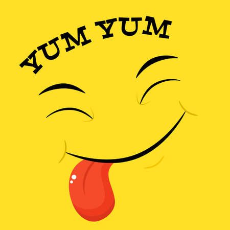 Yummy emoji. Smiling yummy emoticon on yellow background. Inscription Yum yum. Tasty food, gourmet enjoying taste, cook icon. Can be used with t-shirt, stickers, card design. Vector illustration EPS8のイラスト素材