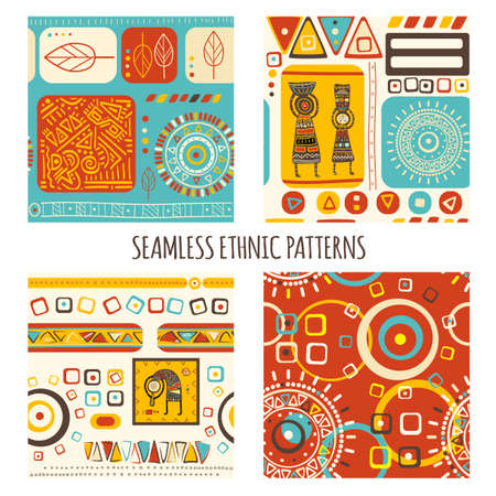 Set of seamless patterns with tribal ornaments of red, yellow, blue and brown colors. Endless texture can be used for pattern fills, web page background, surface textures. Vector illustration EPS8のイラスト素材