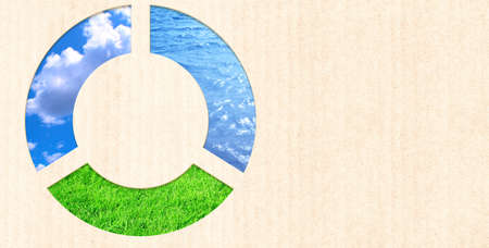 Nature resource and cardboard texture. Horizontal banner with eco paper texture and grass, sky, water. Ecology and zero waste concept. Global ecological resource. Copy space for text. Mock up templateの写真素材