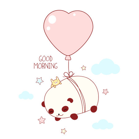 Sleeping fat panda with bunny friend having flying up with heart-shaped air balloon. Kawaii cartoon baby animals. Inscription Good morning. Vector illustration EPS8のイラスト素材