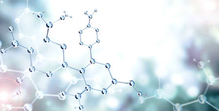 Horizontal banner with model of abstract molecular structure. Background of blue color with atom and sparks. Copy space for your text. 3d renderの写真素材