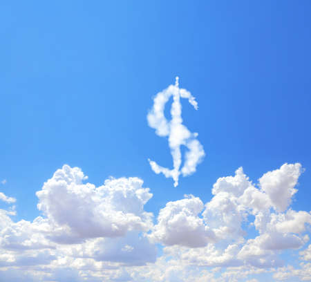 Money making. US dollar sign in the clouds. Cloud shaped as USA dollar currency symbol. Dollar symbol made of cloud. Business, development and prosperity conceptの写真素材
