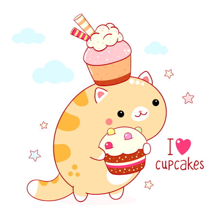 Cute square card in kawaii style. Funny fat cat with cupcakes. Inscription I love cupcakes. Can be used for t-shirt print, stickers, greeting card design. Vector illustration EPS8のイラスト素材