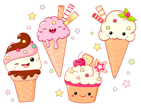 Set of ice cream characters in kawaii style with smiling face and pink cheeks for sweet design. Sundae, gelato in waffle cone. Cute summer food collection. Vector illustration EPS8のイラスト素材
