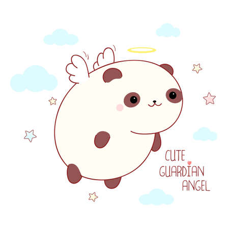 Square card with cute little panda with angel wings and halo. Lovely fat panda with nimbus. Inscription Cute guardian angel. Vector illustration EPS8のイラスト素材