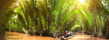 People boating in the delta of Mekong river, Vietnam, Asia. A tourist attraction - boat ride through Mekong delta canalsの写真素材
