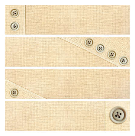 Set of banners with natural linen texture and retro buttons. Collection of horizontal or vertical backgrounds with beige canvas texture and buttons. Copy space for textの写真素材