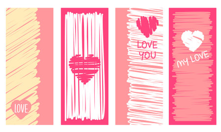 Set of vertical Valentine's day banner, background, flyer, placard with hearts. Holiday poster, template card, sticker for greeting, decoration, congratulation, invitation. Vector illustration EPS8のイラスト素材