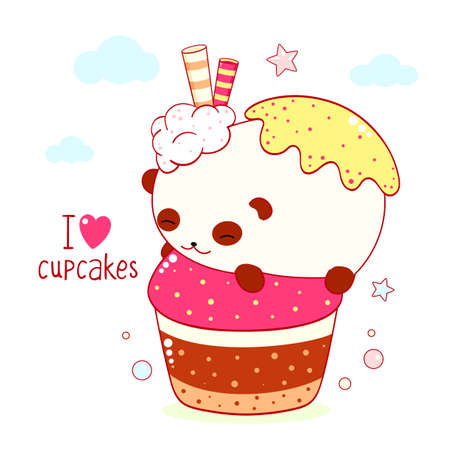 Cute square card in kawaii style. Funny fat panda with cupcake. Inscription I love cupcakes. Can be used for t-shirt print, stickers, greeting card design. Vector illustration EPS8のイラスト素材