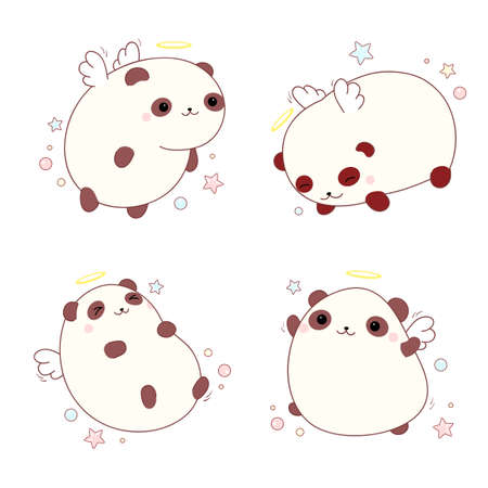 Set of cute little pandas with angel wings and halo. Collection of lovely fat pandas with nimbus. Vector illustration EPS8のイラスト素材
