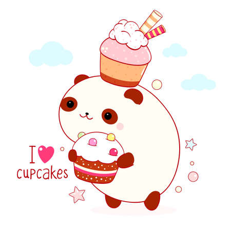 Cute square card in kawaii style. Funny fat panda with cupcakes. Inscription I love cupcakes. Can be used for t-shirt print, stickers, greeting card design. Vector illustration EPS8のイラスト素材