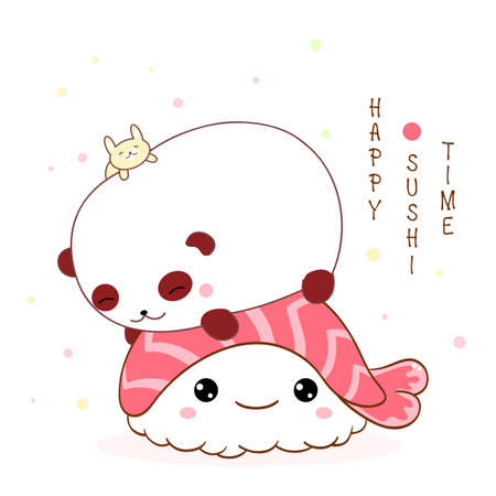 Square card with cute friends - panda and bunny on sushi. Inscription Happy sushi time. Kawaii little animals are happy to eat sushi. Vector illustration EPS8のイラスト素材