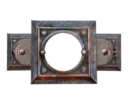 Metallic square frame with vintage metal details and retro rivets. Isolated on white background. Mock up template. Copy space for text. Can be used for steampunk and mechanical designの写真素材