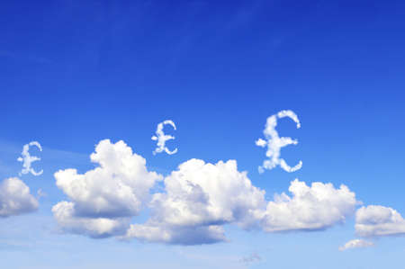 Money making. Great Britain pound sterling sign in the clouds. Cloud shaped as GBP currency symbol. British pound symbol made of cloud. Business, development and prosperity conceptの写真素材