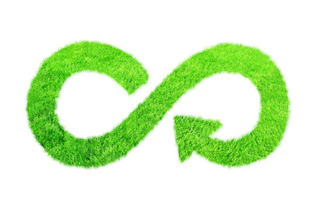 Responsible consumption. Circular economy symbol made from green grass. Sustainable development of strategy approach to zero waste, ecology. Isolated on white background. Reuse and renewable resourcesの写真素材