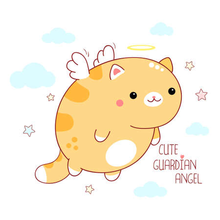 Square card with cute little cat with angel wings and halo. Lovely fat kitten with nimbus. Inscription Cute guardian angel. Vector illustration EPS8のイラスト素材