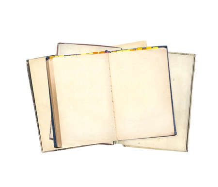 Old open books with empty pages. Opened vintage book with blank page. Isolated on white background. Mock up template. Copy space for textの写真素材