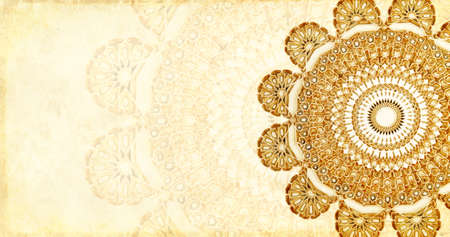 Grunge background with paper texture and ancient ornamental carved floral ornament, Morocco. Horizontal or vertical banner with ornament in Moroccan style. Mock up template. Copy space for textの写真素材