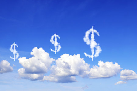 Money making. US dollar signs in the clouds. Clouds shaped as USA dollar currency symbols. Dollar symbol made of cloud. Business, development and prosperity conceptの写真素材