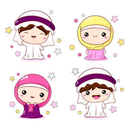 Collection of cute little girls and boys in traditional arab clothes. Kawaii user portrait set. Baby set of cute cartoon characters. Childish islamic saudi arabic avatars. Vector Illustration EPS8のイラスト素材