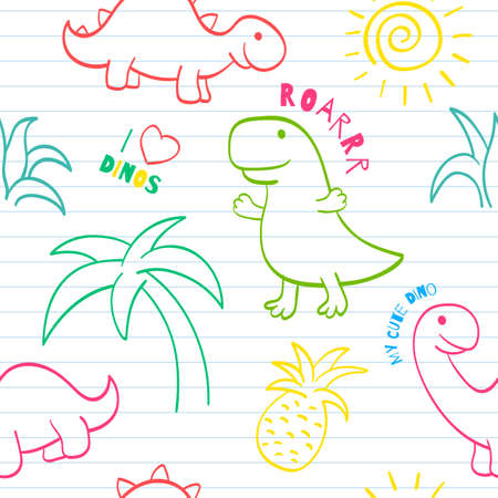 Seamless patterns with cute hand drawn sketches with dinosaurs. Funny dinos on notebook page. Endless texture can be used for pattern fills, web page background, surface texture. Vector EPS8のイラスト素材