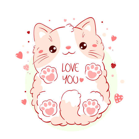 Cute Valentine card in kawaii style. Lovely cat with pink hearts. Inscription Love you. Can be used for t-shirt print, stickers, greeting card design. Vector illustration EPS8のイラスト素材
