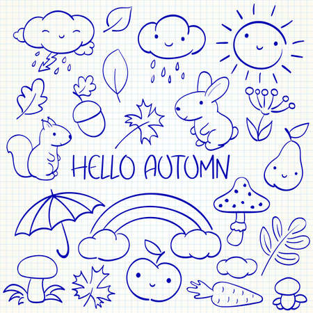 Hello autumn. Kids collection of doodle elements - animal, rainbow, cloud, sun, mushroom, carrot, umbrella. Set of sketches in hand drawn style. Vector illustration EPS8のイラスト素材