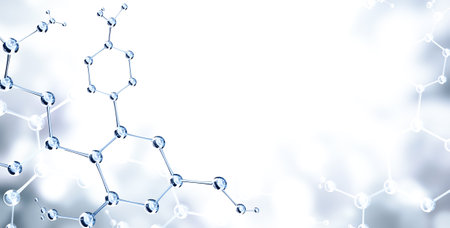 Horizontal banner with models of abstract molecular structure. Science or education background with atom model. Copy space for your text. 3d renderの写真素材
