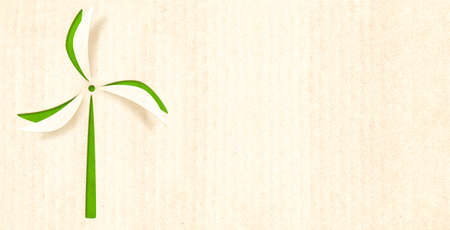 Ecology, nature and clean alternative energy concept. Wind turbine on cardboard texture. Horizontal banner with eco paper texture. Recycled carton background. Copy space for text. Mock up templateの写真素材