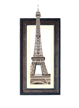 Famous landmark of Paris - Eiffel tower in wooden frame with 3d effect. Isolated on white backgroundの写真素材