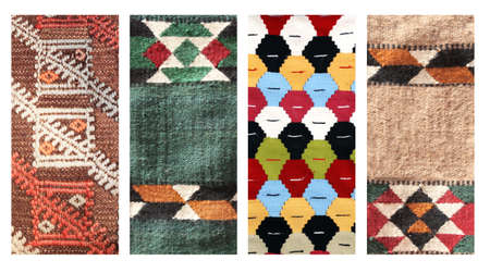 Set of vertical or horizontal banners with textures of berber traditional wool carpet with geometric pattern, Morocco, Africaの写真素材